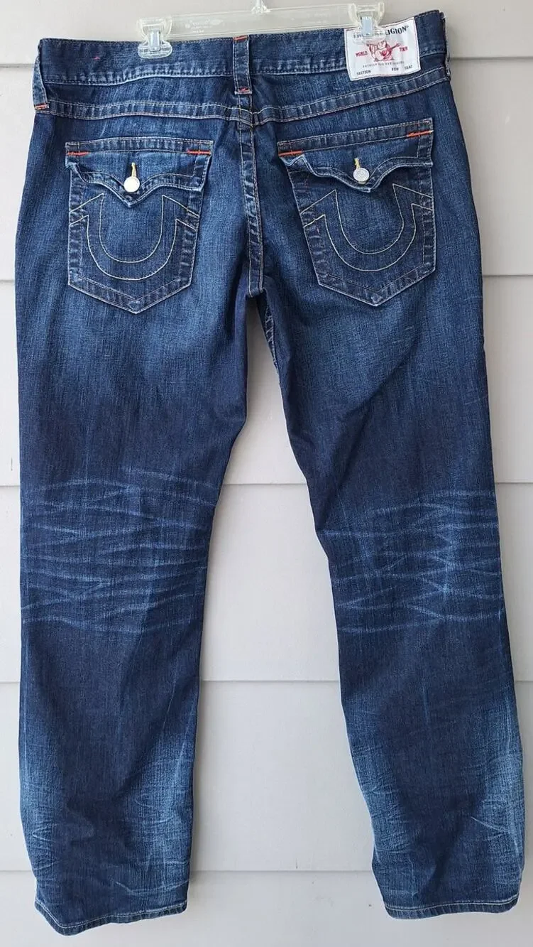 True Religion World Tour Ricky Flap Relaxed Straight Men's Blue Jeans Size 38x33